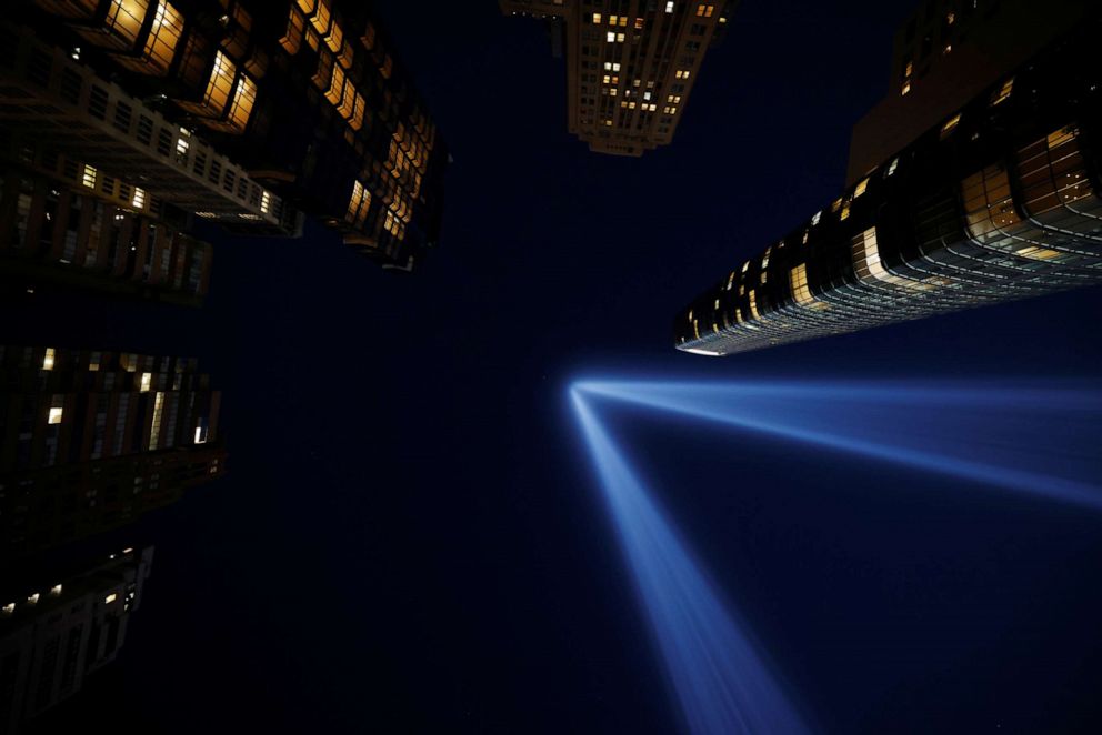 PHOTO: The Tribute in Light art installation is seen on the day marking the 20th anniversary of the Sept. 11, 2001, attacks in New York City, Sept. 11, 2021. 