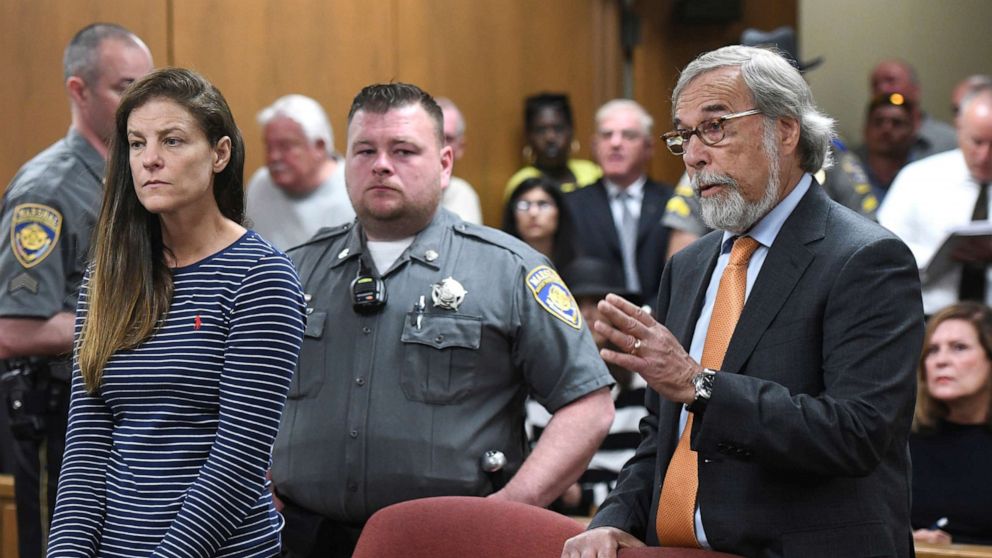 PHOTO: Attorney Andrew Bowman, right, speaks during the arraignment of his client Michelle C. Troconis, left, on charges of tampering with or fabricating physical evidence and first-degree hindering prosecution in court in Norwalk, Conn., June 3, 2019.