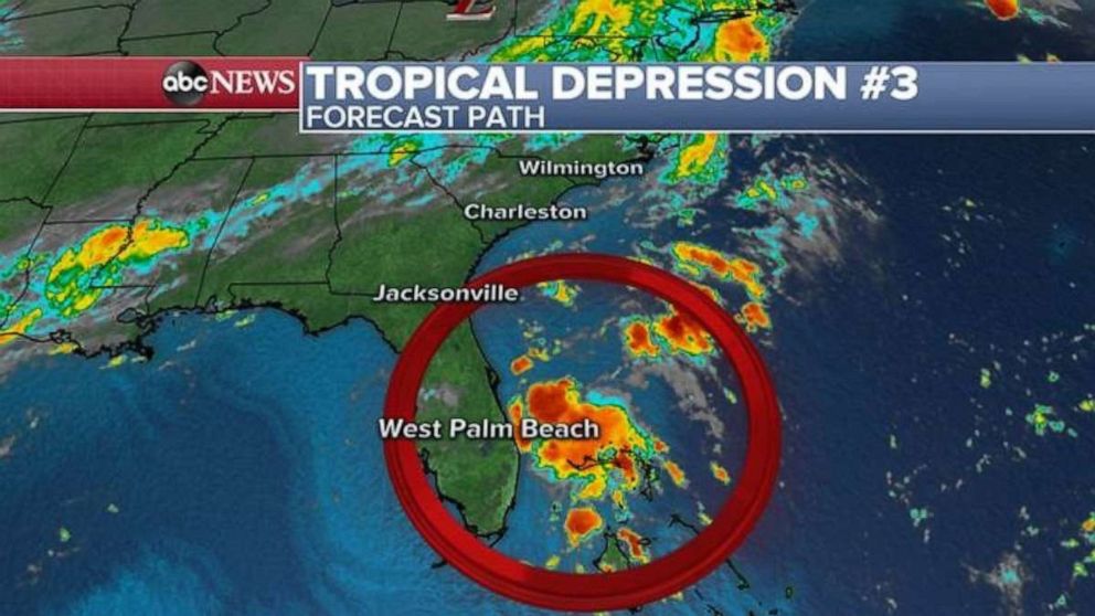 PHOTO: Tropical depression No. 3 is lingering off the eastern coast of Florida on Tuesday morning.