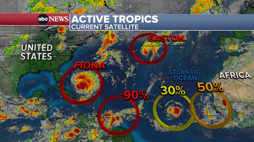 PHOTO: ABC News weather map showing current satellite imagery of hurricane activity in the tropics.