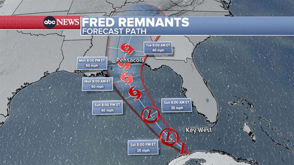 PHOTO: The latest forecast calls for Fred to close in on the north-central Gulf Coast Monday as a tropical storm.
