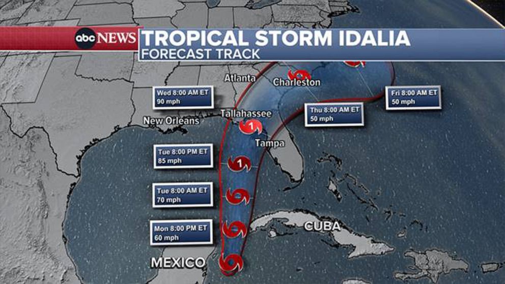PHOTO: The current forecast calls for Idalia to make landfall sometime Wednesday morning as a category 1 hurricane. However, some impacts will likely begin by later Tuesday in some areas as the storm closes in.