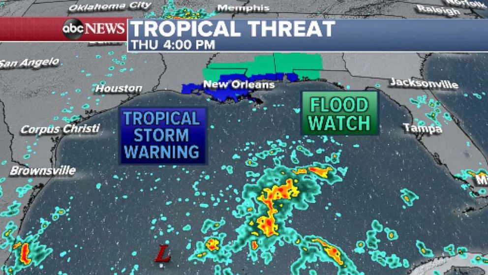 PHOTO: A tropical storm warning in effect from Louisiana to the Alabama/Florida border, including New Orleans.