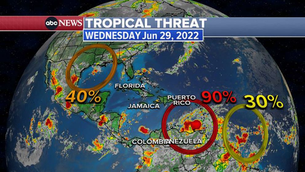 PHOTO: There are three tropical systems in the Atlantic Basin from Caribbean to the Gulf of Mexico.