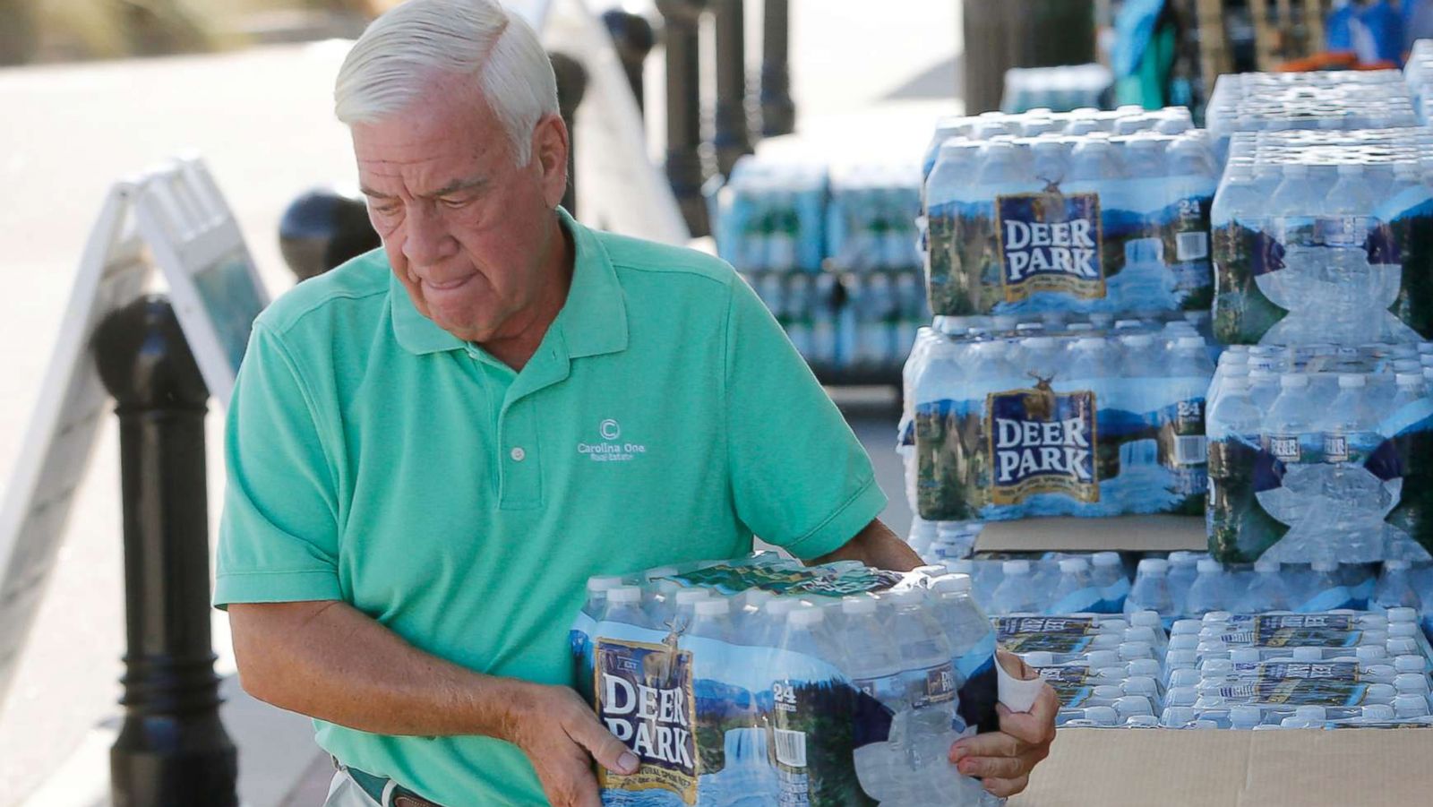 PHOTO: Larry Pierson, from the Isle of Palms, S.C., purchases bottled water from the Harris Teeter grocery store on the Isle of Palms in preparation for Hurricane Florence at the Isle of Palms S.C., Sept. 10, 2018.