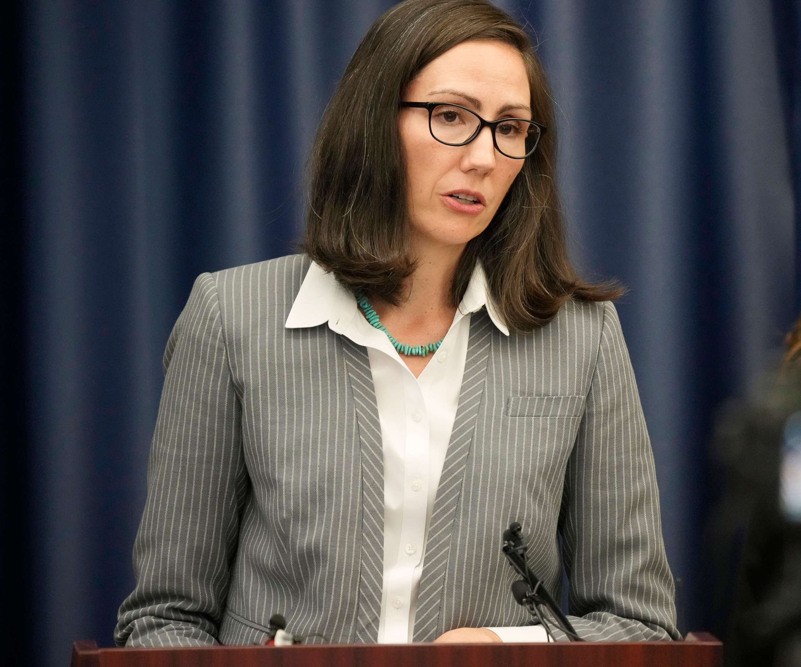 PHOTO: District Attorney Alexis King speaks during a news conference in Golden, Colo., Nov. 8, 2021.