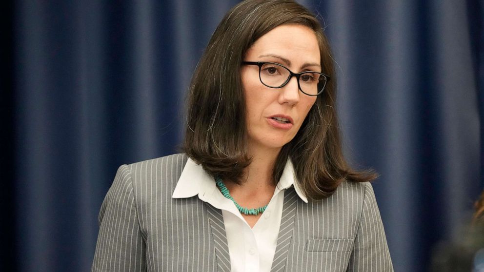 PHOTO: District Attorney Alexis King speaks during a news conference in Golden, Colo., Nov. 8, 2021.