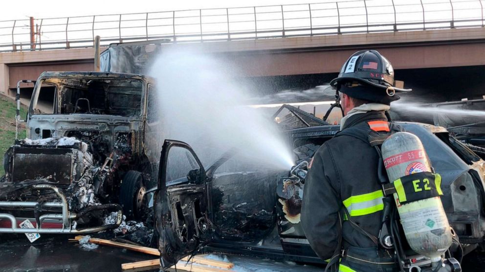 PHOTO: A firefighter works the scene of a deadly pileup involving over two dozen vehicles near Denver. Rogel Lazaro Aguilera-Mederos is the truck driver accused of causing the fiery pileup near Denver, April 25, 2021. 