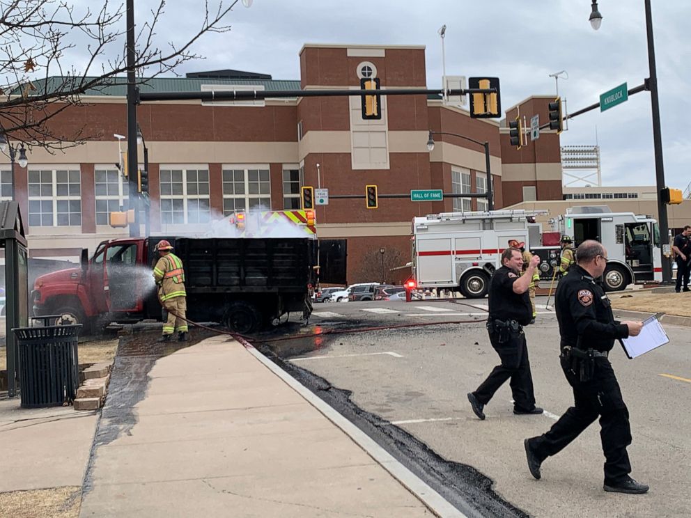 PHOTO: Several bystanders witnessed black smoke pouring out of the truck after it crashed in Stillwater, Oklahoma, on February 10, 2020.