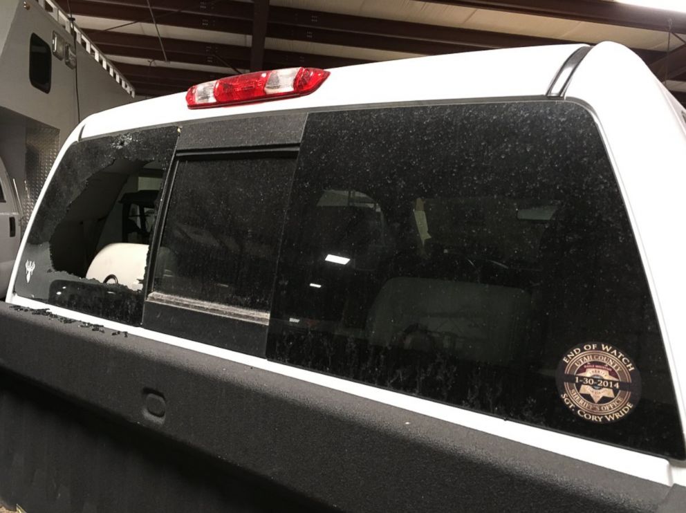 PHOTO: Shattered rear window of a truck hit by an errant bullet fired by law enforcement. Officials said the stray bullet just missed hitting a 4-year-old child.