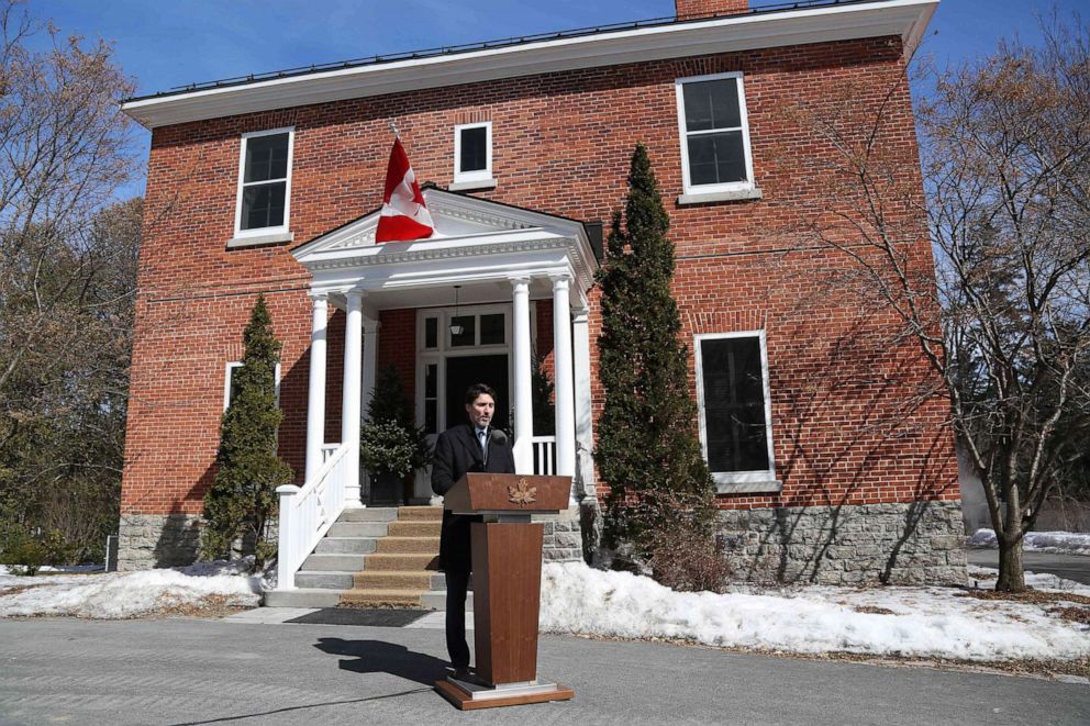 PHOTO: Canadian Prime Minister Justin Trudeau speaks during a news conference on COVID-19 situation in Canada from his residence on March 16, 2020 in Ottawa, Canada.