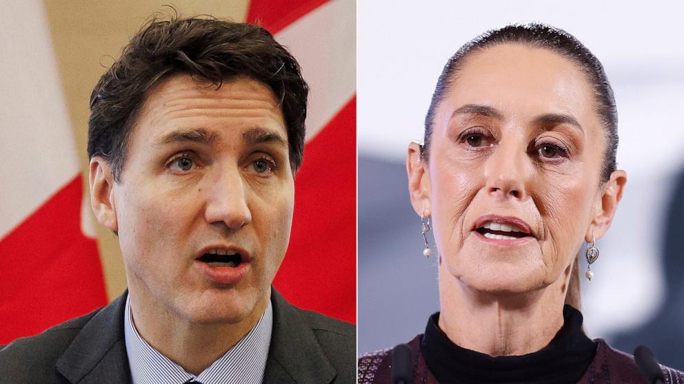 PHOTO: Canada's Prime Minister Justin Trudeau speaks in Toronto, Canada and Mexican President Claudia Sheinbaum speaks in Mexico City, Jan. 31, 2025.