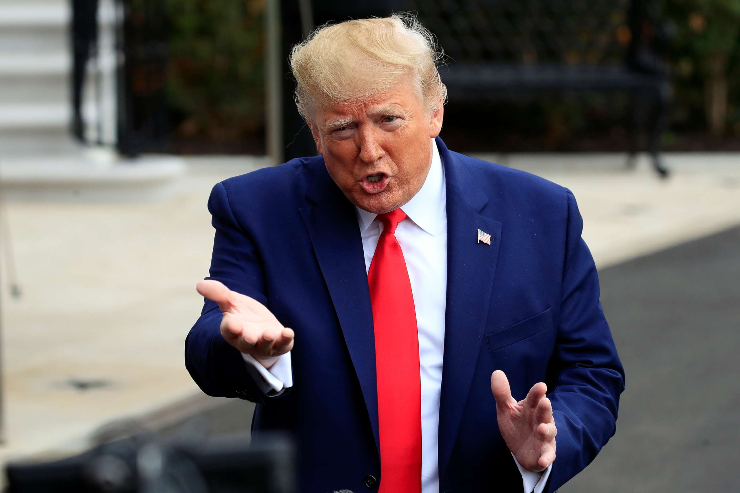 PHOTO: President Donald Trump speaks to reporters as he leaves the White House, Oct. 25, 2019, in Washington, to travel to South Carolina.