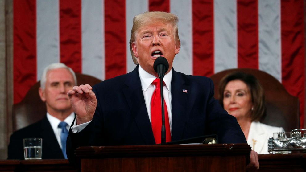 PHOTO: President Donald Trump delivers his State of the Union address to a joint session of Congress in the House Chamber on Capitol Hill in Washington, Tuesday, Feb. 4, 2020, as Vice President Mike Pence and Speaker Nancy Pelosi look on.