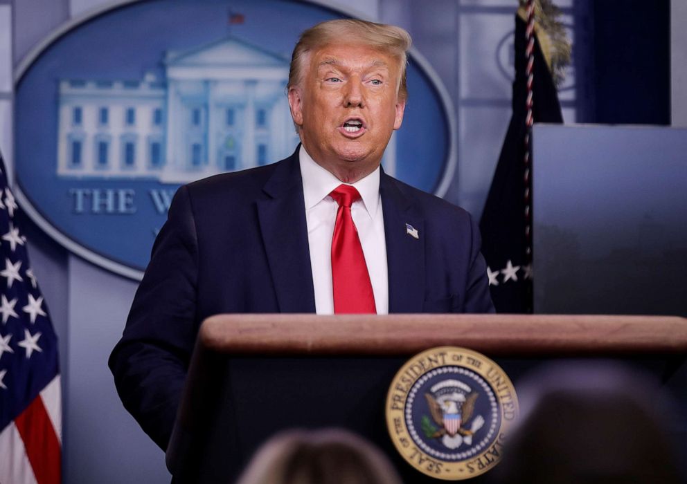 PHOTO: U.S. President Donald Trump speaks during a coronavirus disease (COVID-19) task force news briefing at the White House in Washington, July 28, 2020.