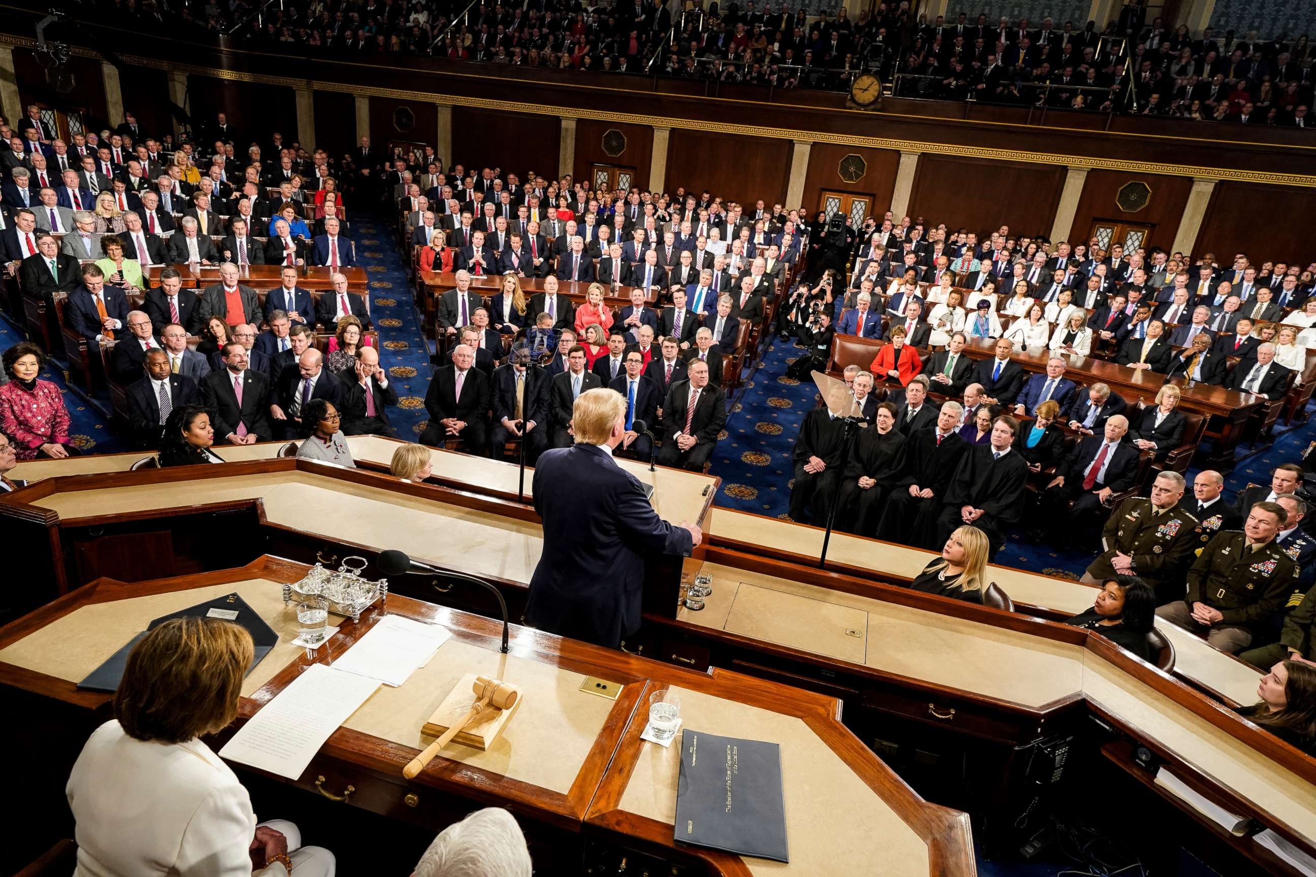 PHOTO: President Donald Trump delivers his State of the Union address to a joint session of Congress on Capitol Hill in Washington, Tuesday, Feb. 4, 2020, as House Speaker Nancy Pelosi, D-Calif., left, watches.