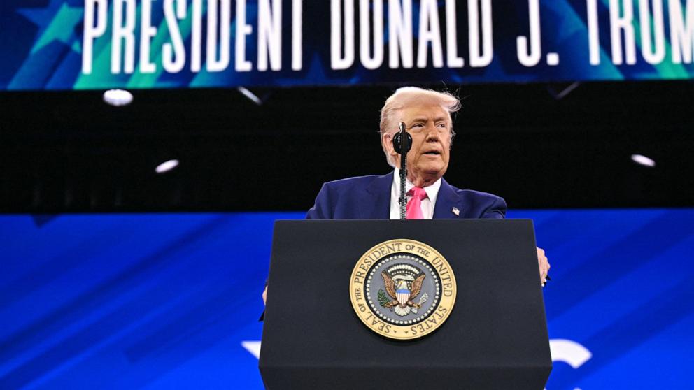 PHOTO: President Donald Trump arrives to speak at the annual Conservative Political Action Conference (CPAC) at the Gaylord National Resort & Convention Center at National Harbor in Oxon Hill, Maryland, on Feb. 22, 2025. 