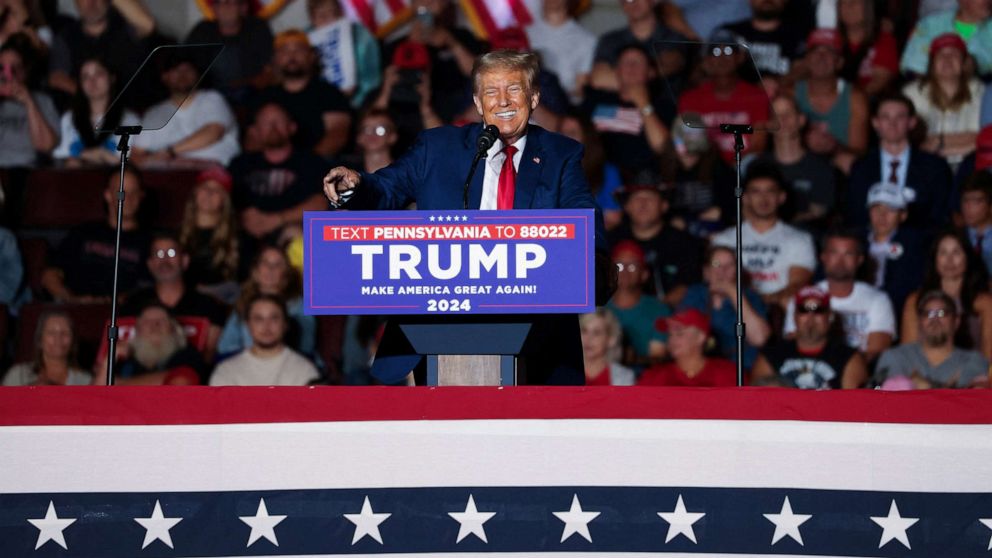 PHOTO: Former President and Republican presidential candidate Donald Trump speaks during a campaign rally in Erie, Pa., July 29, 2023.