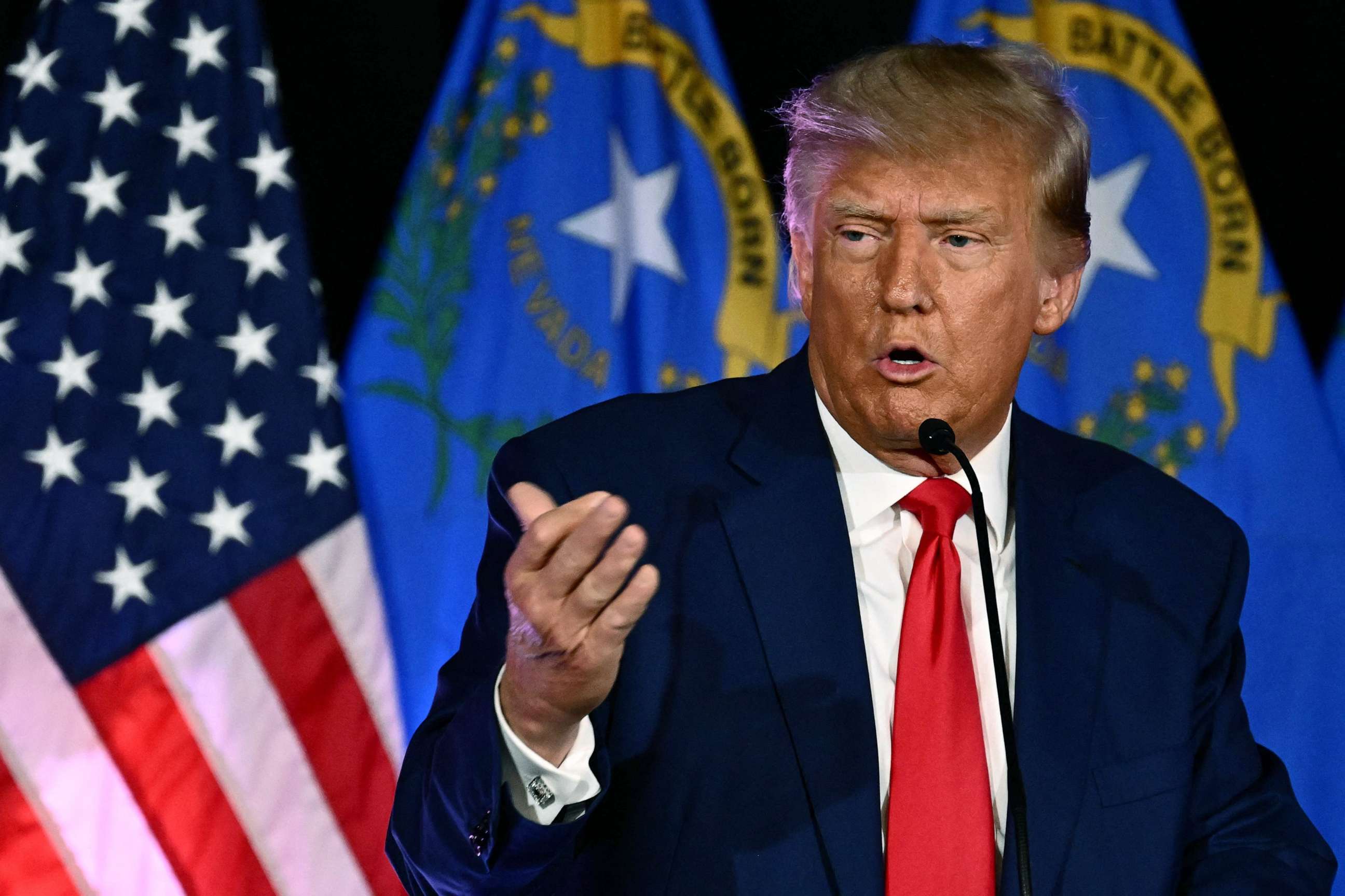 PHOTO: President and 2024 Republican Presidential hopeful Donald Trump speaks at a Republican volunteer recruitment event at Fervent, a Calvary Chapel, in Las Vegas, July 8, 2023.