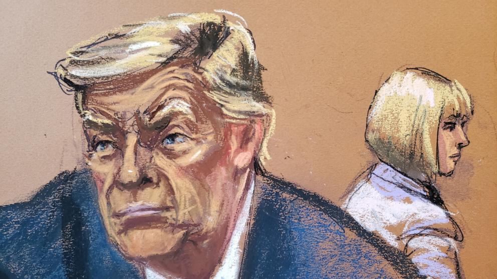 PHOTO: Former President Donald Trump and E. Jean Carroll attend jury selection in the second civil trial after Carroll accused Trump of raping her decades ago, at Manhattan Federal Court in New York, Jan. 16, 2024, in this courtroom sketch.  