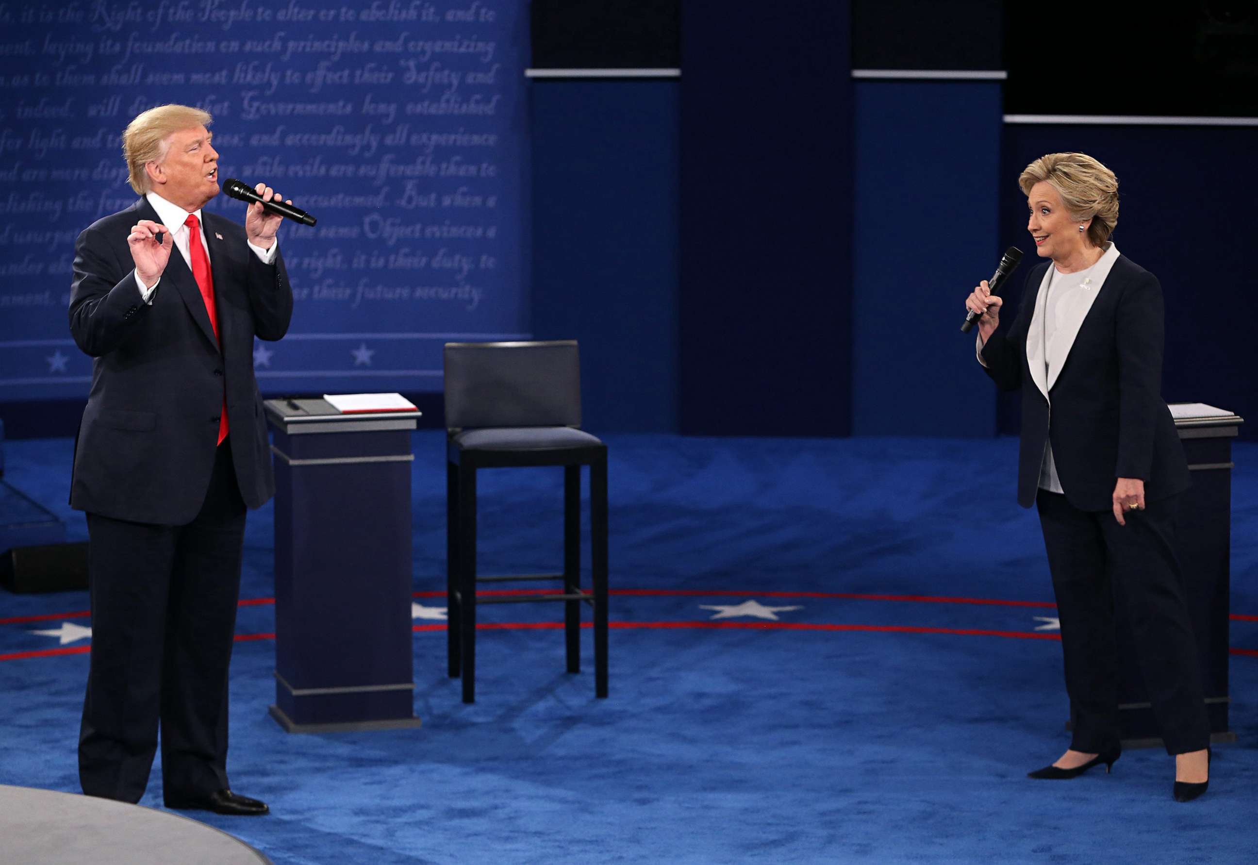 PHOTO: Donald Trump and and Hillary Clinton during the second debate between the Republican and Democratic presidential candidates Oct. 9, 2016, at Washington University in St. Louis.