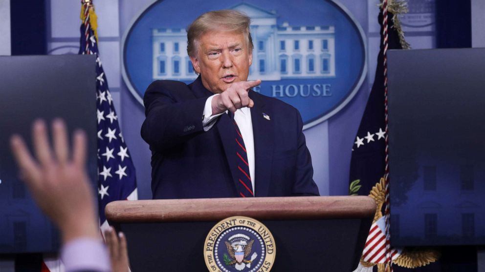 PHOTO: President Donald Trump points to a reporter for a question during a coronavirus disease (COVID-19) response news briefing at the White House in Washington, July 21, 2020.