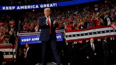 PHOTO: President Donald Trump reacts on stage formally kicking off his re-election bid with a campaign rally in Orlando, Fla., June 18, 2019. 