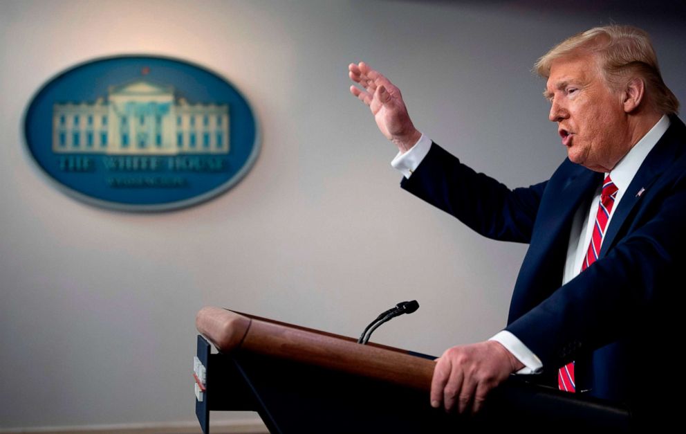 PHOTO: President Donald Trump speaks during the daily briefing on the new coronavirus at the White House, on March 20, 2020, in Washington.