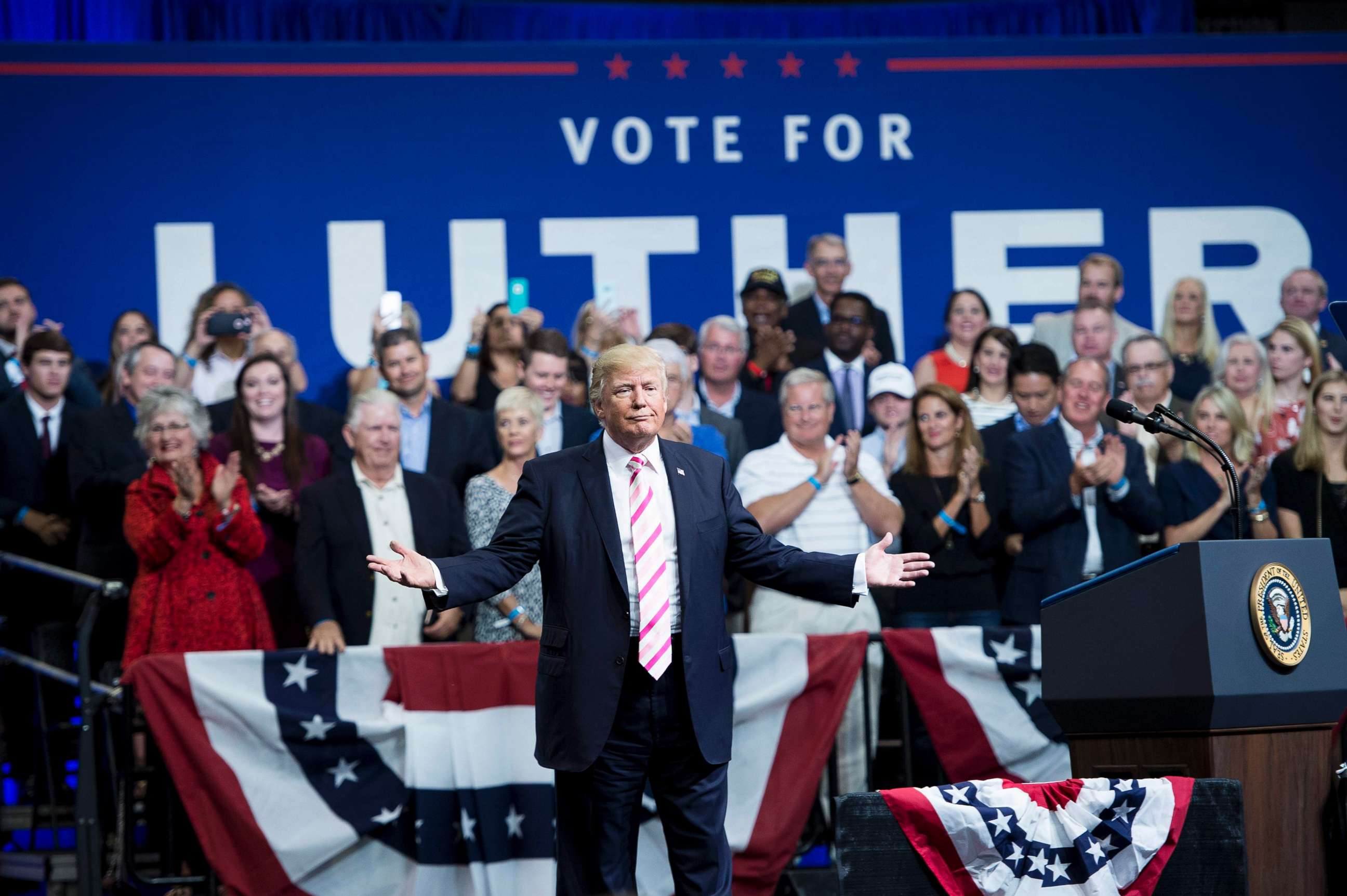 PHOTO: President Donald Trump gestures while speaking during rally for Alabama state Republican Senator Luther Strange at the Von Braun Civic Center, Sept. 22, 2017 in Huntsville, Ala.