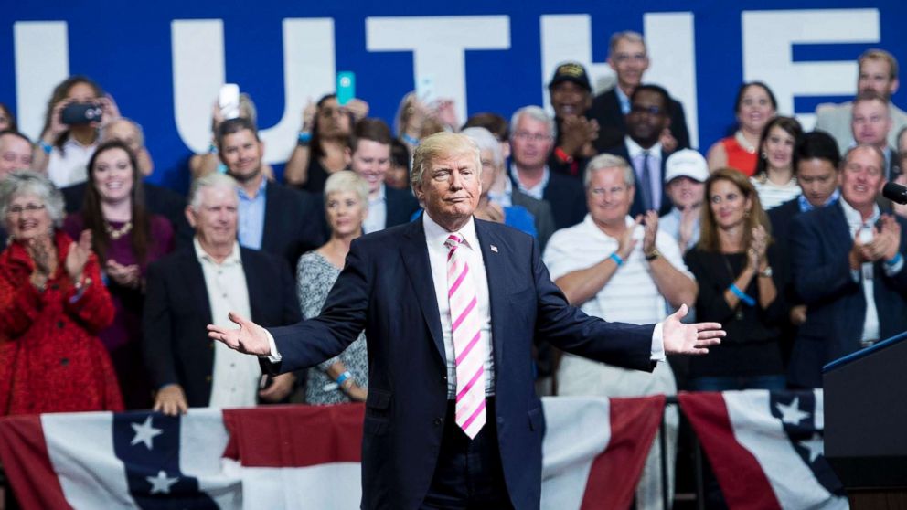 PHOTO: President Donald Trump gestures while speaking during rally for Alabama state Republican Senator Luther Strange at the Von Braun Civic Center, Sept. 22, 2017 in Huntsville, Ala.