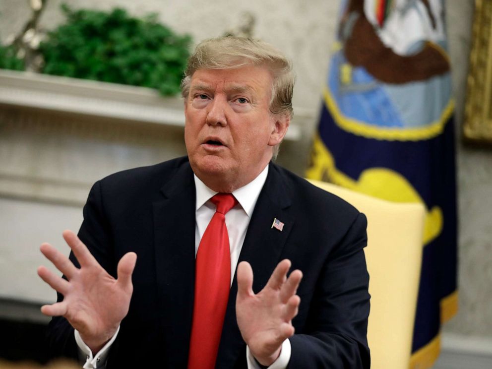 PHOTO: President Donald Trump speaks as he meets with NATO Secretary General Jens Stoltenberg in the Oval Office, April 2, 2019, in Washington D.C.