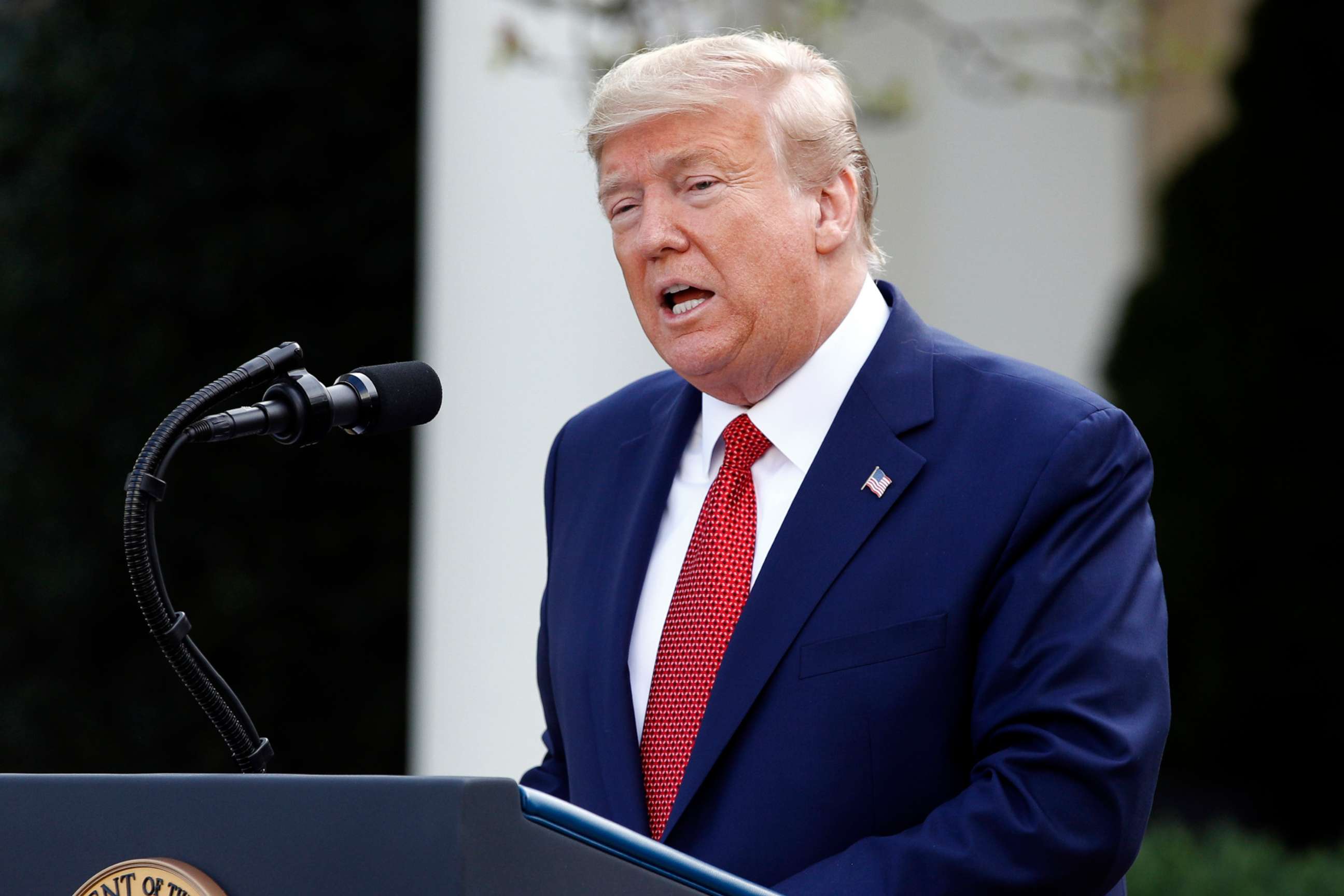 PHOTO: President Donald Trump speaks during a coronavirus task force briefing in the Rose Garden of the White House, March 29, 2020.