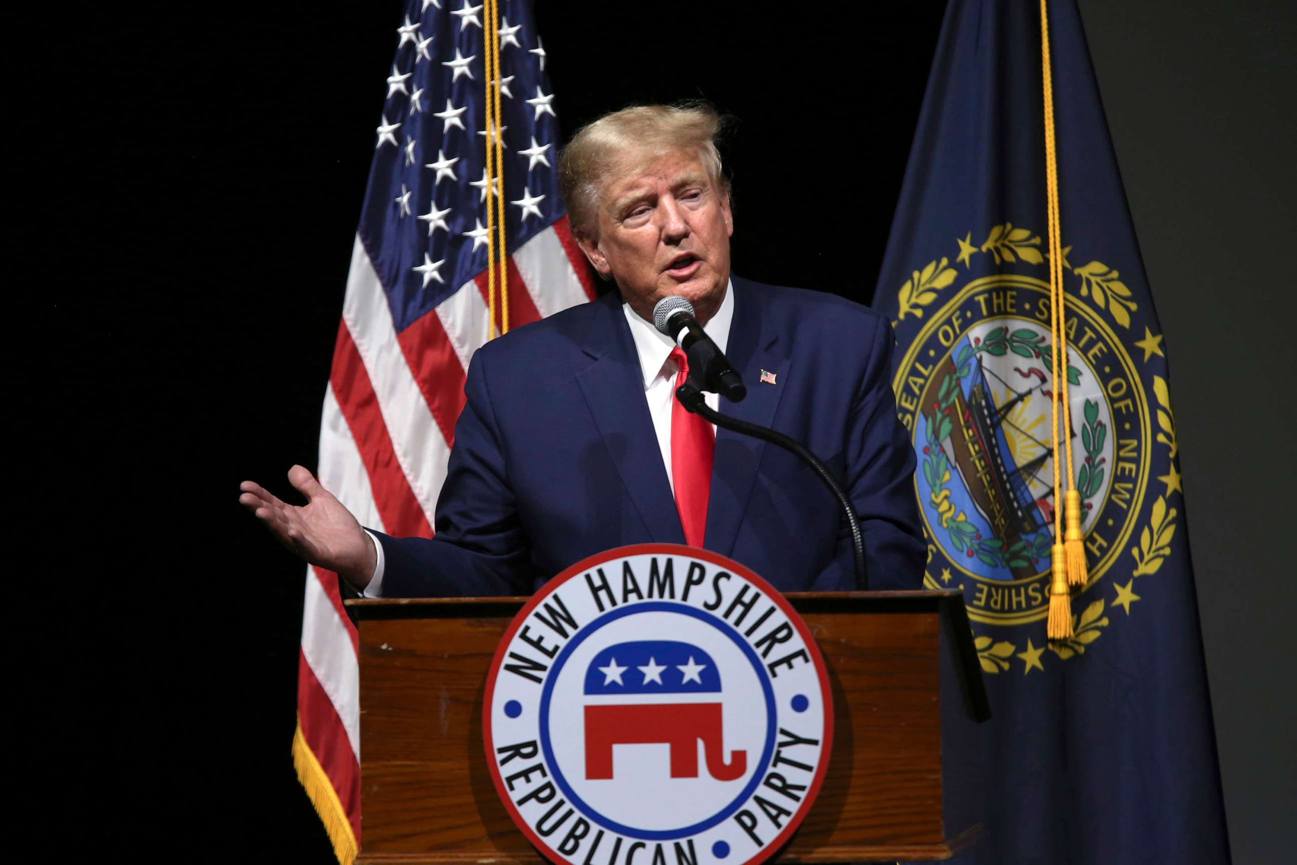 PHOTO: Former President Donald Trump speaks during the New Hampshire Republican State Committee 2023 annual meeting, on Jan. 28, 2023, in Salem, N.H.