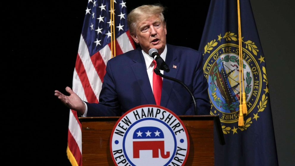 PHOTO: Former President Donald Trump speaks during the New Hampshire Republican State Committee 2023 annual meeting, on Jan. 28, 2023, in Salem, N.H.