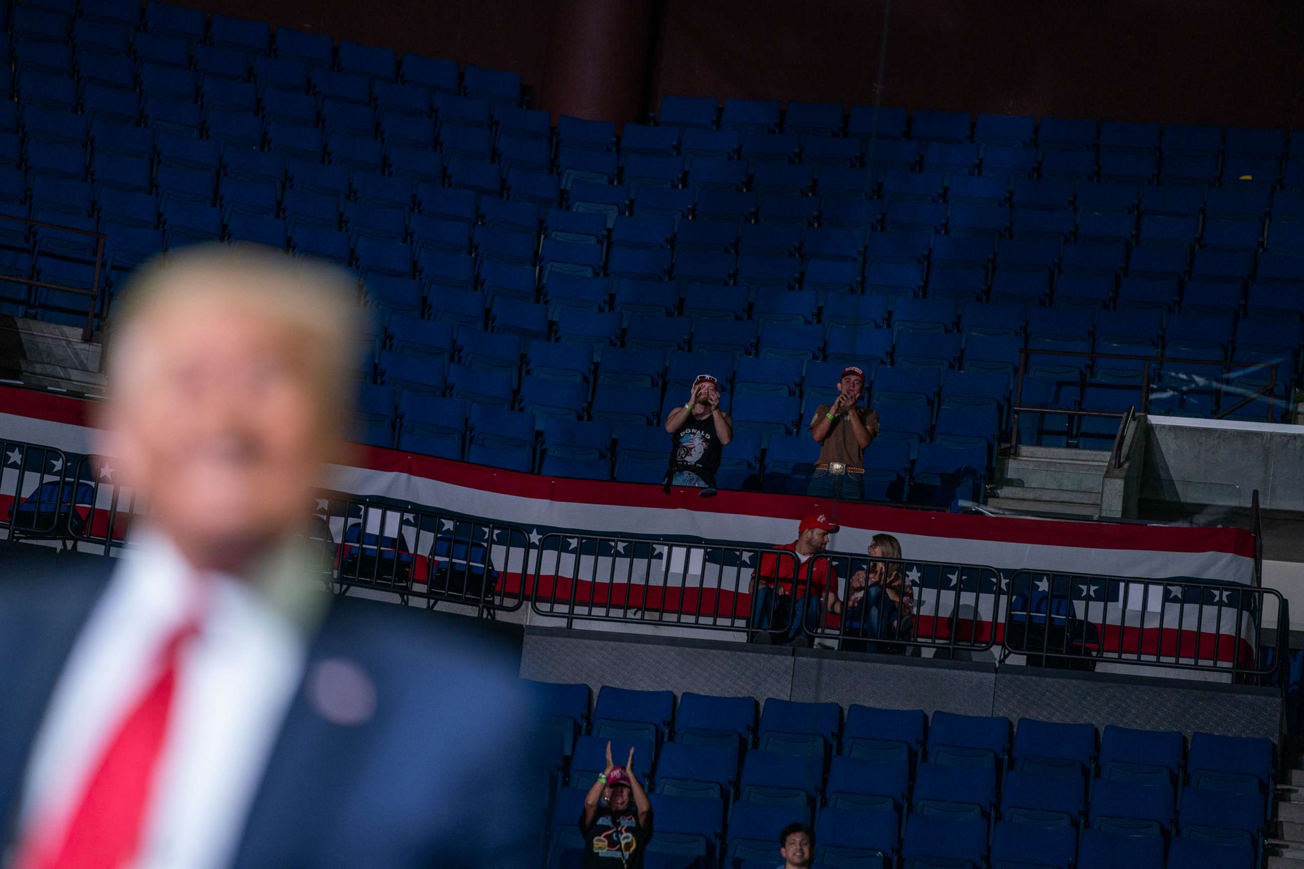 PHOTO: President Donald Trump supporters cheer as Trump speaks during a campaign rally at the BOK Center, Saturday, June 20, 2020, in Tulsa, Okla.