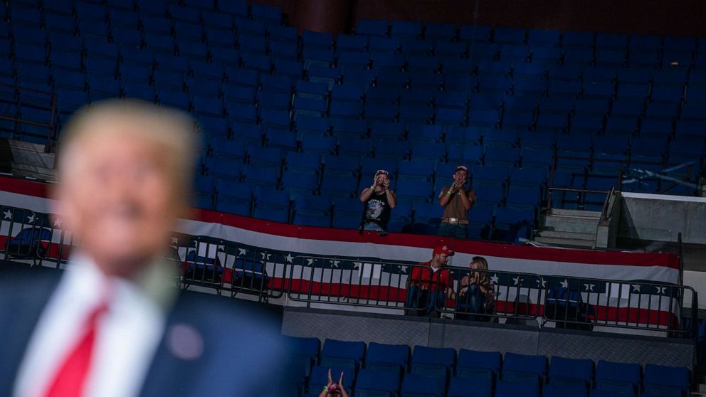 PHOTO: President Donald Trump supporters cheer as Trump speaks during a campaign rally at the BOK Center, Saturday, June 20, 2020, in Tulsa, Okla.