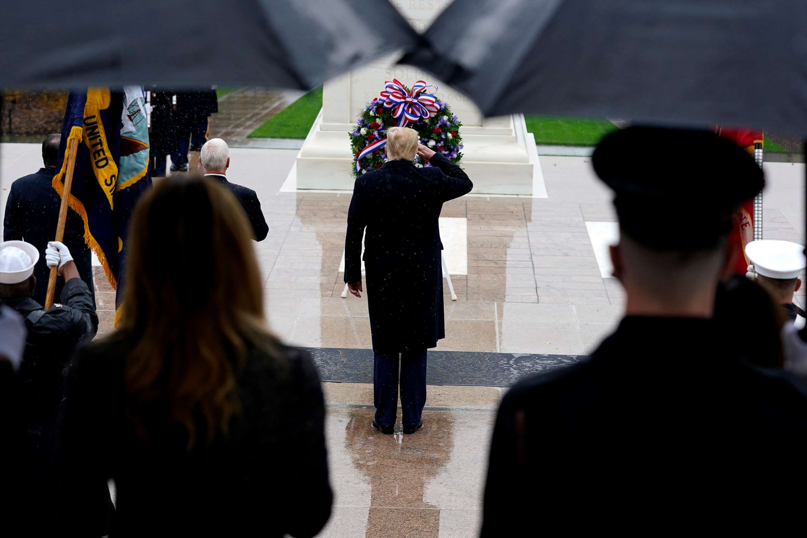 PHOTO: President Donald Trump participates in a wreath laying ceremony on Veterans Day at Arlington National Cemetery in Arlington, Va., Nov. 11, 2020.