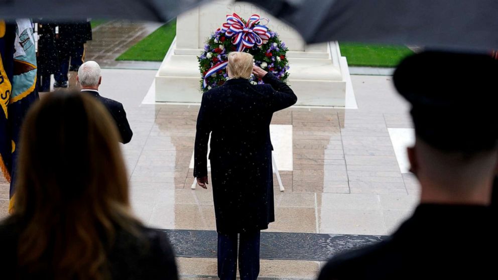 PHOTO: President Donald Trump participates in a wreath laying ceremony on Veterans Day at Arlington National Cemetery in Arlington, Va., Nov. 11, 2020.