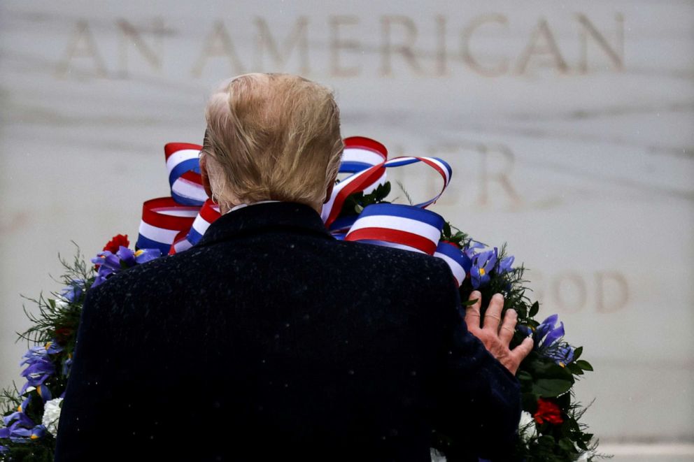 PHOTO: President Donald Trump lays a wreath at the Tomb of the Unknown Solider as he attends a Veterans Day observance in Arlington National Cemetery in Arlington, Va., Nov. 11, 2020.