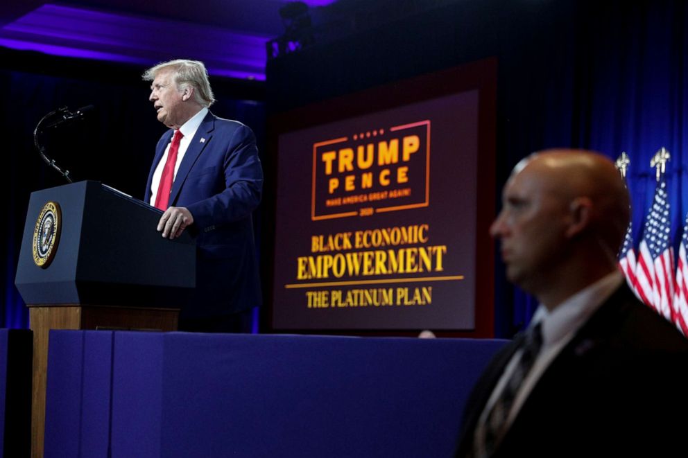 PHOTO: President Donald Trump delivers remarks on Black Economic Empowerment during an event at the Cobb Galleria Centre in Atlanta, Sept. 25, 2020.