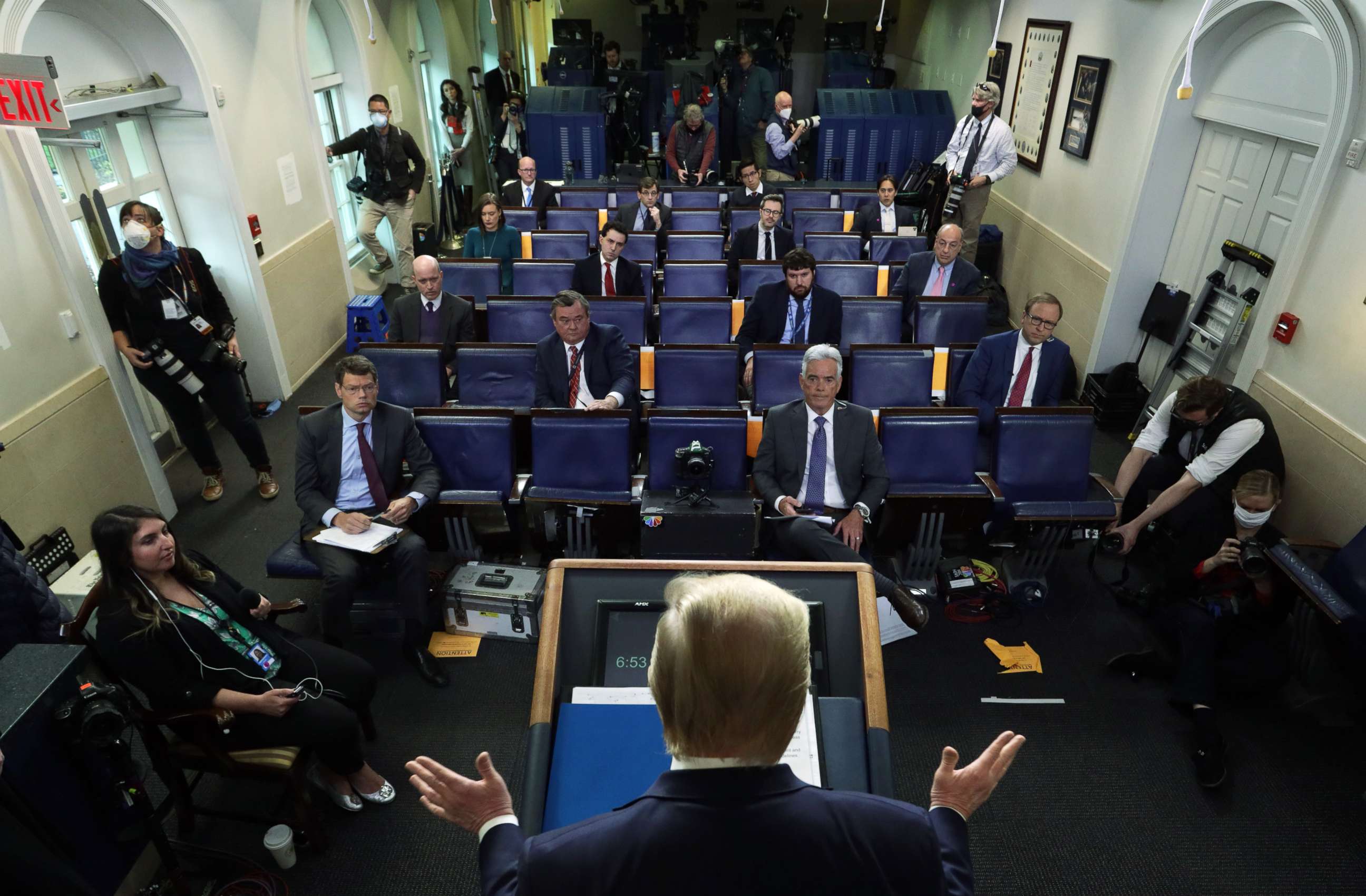 PHOTO: President Donald Trump speaks during the daily briefing of the White House Coronavirus Task Force in the briefing room at the White House April 16, 2020 in Washington.