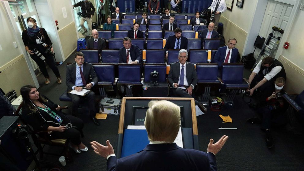 PHOTO: President Donald Trump speaks during the daily briefing of the White House Coronavirus Task Force in the briefing room at the White House April 16, 2020 in Washington.