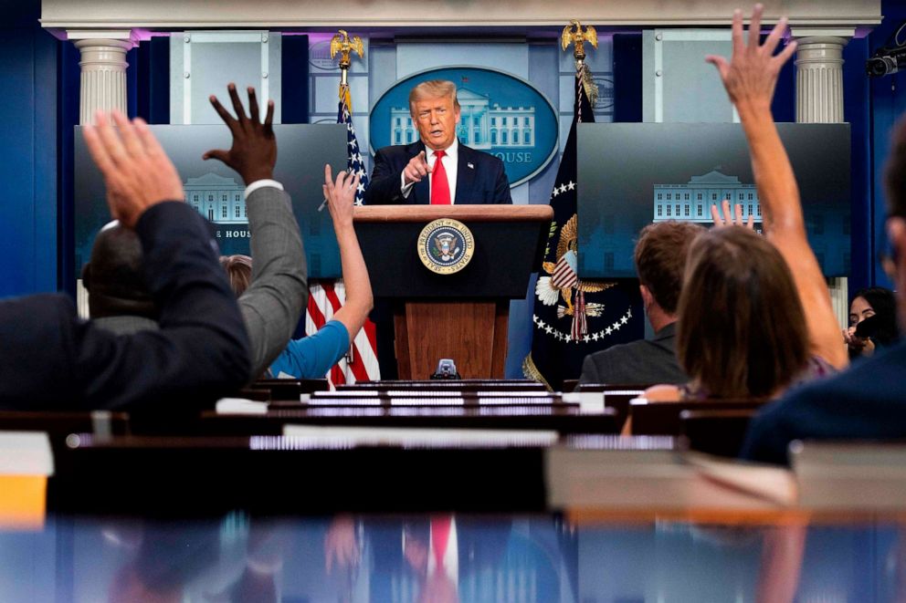 PHOTO: President Donald Trump speaks to the press in the Brady Briefing Room of the White House in Washington,on July 28, 2020.