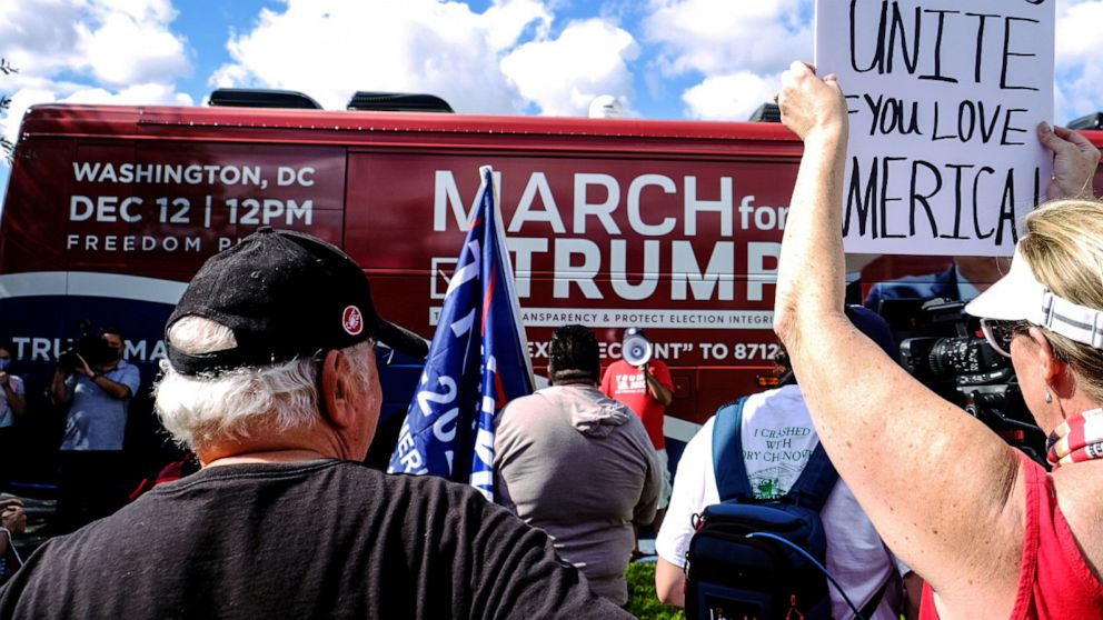 PHOTO: In this Nov. 29, 2020, file photo, March for Trump bus tour kicks-off at Doral Central Park for a two week multi-state rally in support of President Donald Trump, in Doral, Fla.