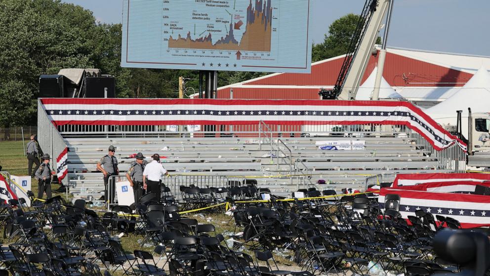 PHOTO: Security personnel inspect the site after gunfire rang out during a campaign rally at the Butler Farm Show in Butler, Pa., July 13, 2024. 