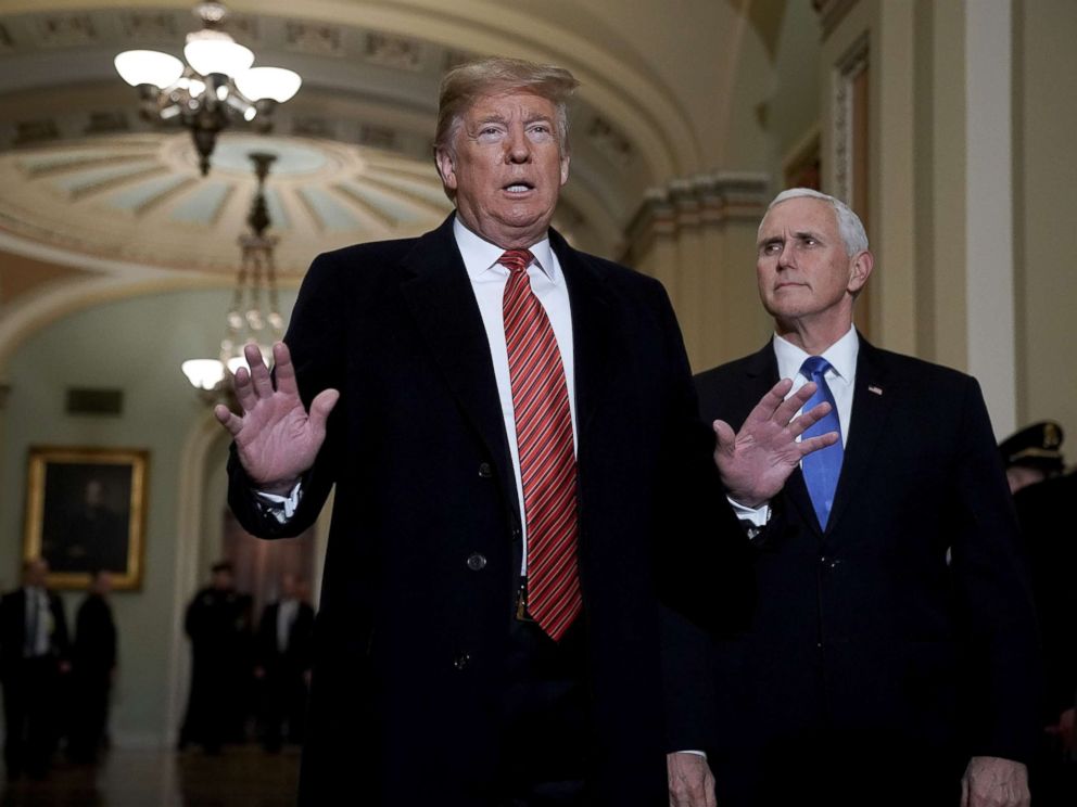 PHOTO: President Donald Trump and Vice President Mike Pence arrive at the Capitol to attend the weekly Republican Senate policy luncheon, Jan. 9, 2019.