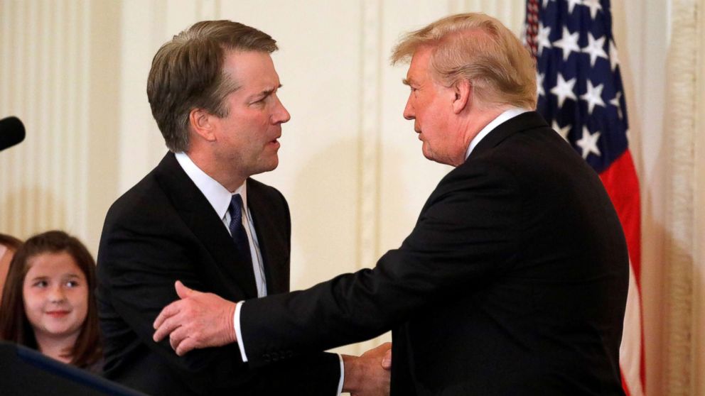 PHOTO: Supreme Court nominee Judge Brett Kavanaugh shakes hands with President Donald Trump in the East Room of the White House in Washington, July 9, 2018.