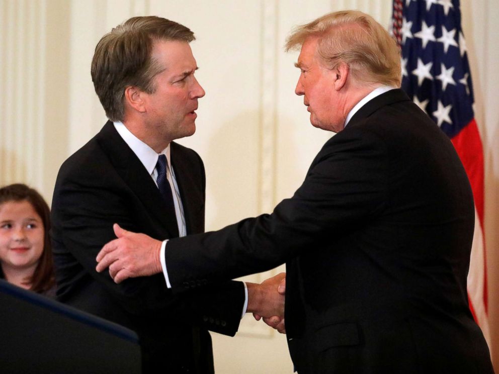 PHOTO: Supreme Court nominee Judge Brett Kavanaugh shakes hands with President Donald Trump in the East Room of the White House in Washington, July 9, 2018.