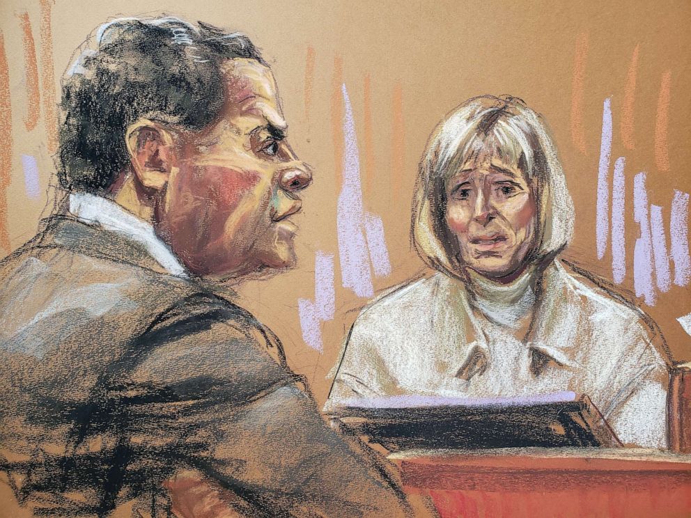 PHOTO: FILE - Former Elle magazine advice columnist E. Jean Carroll answers questions from Trump lawyer Joe Tacopina during a civil trial in New York, April 27, 2023 in this courtroom sketch.