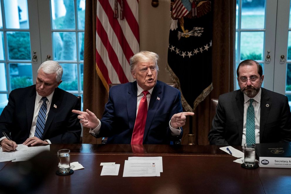 PHOTO: Flanked by Vice President Mike Pence, left, and Secretary of Health and Human Services Alex Azar, President Donald Trump speaks during a meeting with the White House Coronavirus Task Force at the White House on March 2, 2020, in Washington.